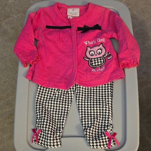 (J12) Girls 6-9 Mths Pink Owl Cardigan and Houndstooth Leggings Set - Picture 1 of 5